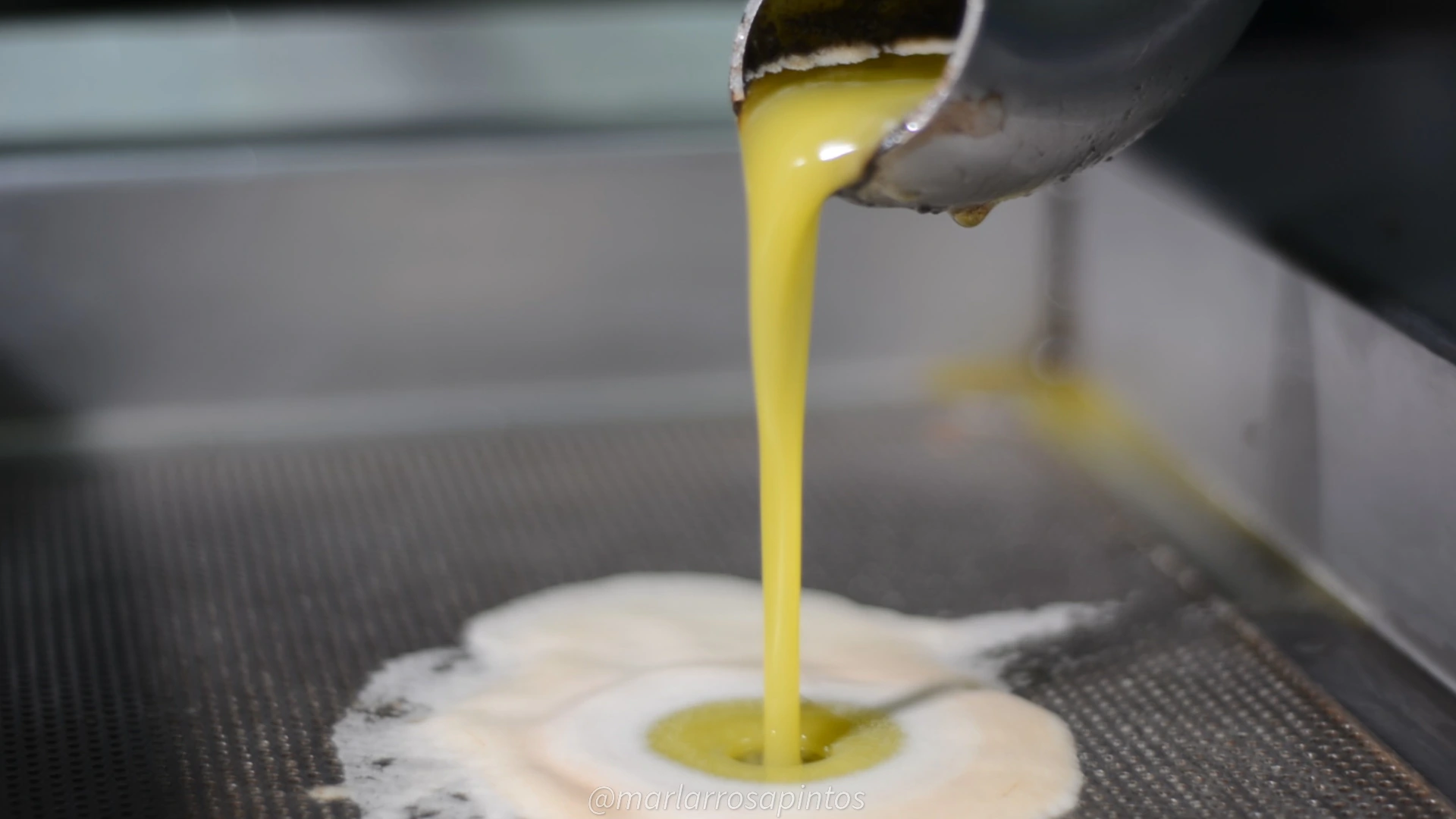 Fresh golden-green olive oil flowing from the estate mill